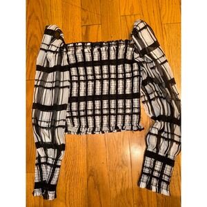 Bebe Black White Plaid Smocked Crop Top